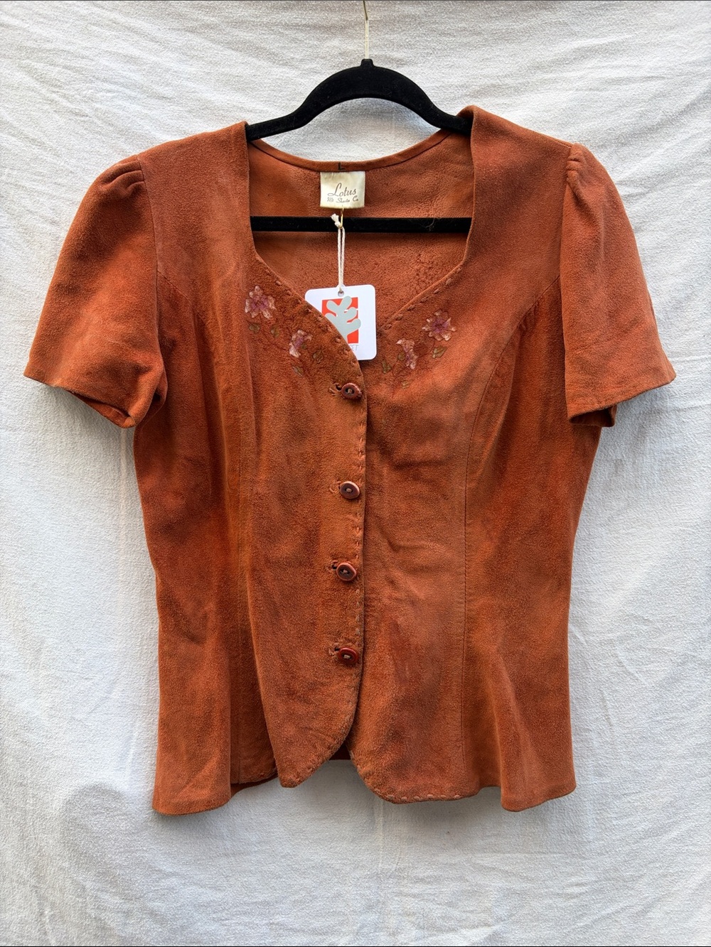 Rust Suede Button-Front Short Sleeve Top